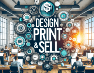 A bustling e-commerce office with a diverse team working on computers, showcasing a modern and vibrant workspace symbolizing a print-on-demand busines