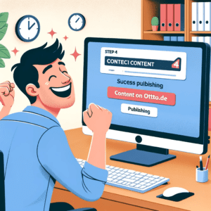 Step 4 of creating rich content for OTTO Marketplace, updated with a more realistic human depiction. The image shows a person joyfully looking at a co