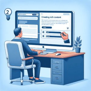 Step 2 of creating rich content for OTTO Marketplace, updated with a more realistic human figure. The image shows a person at a desk, focused on uploa